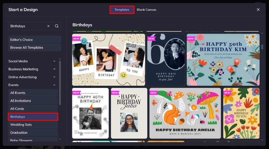 Open a birthday card template in Designer