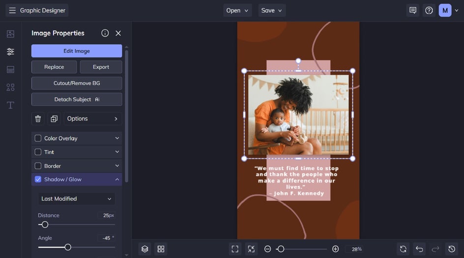 Image Properties menu for editing images from template