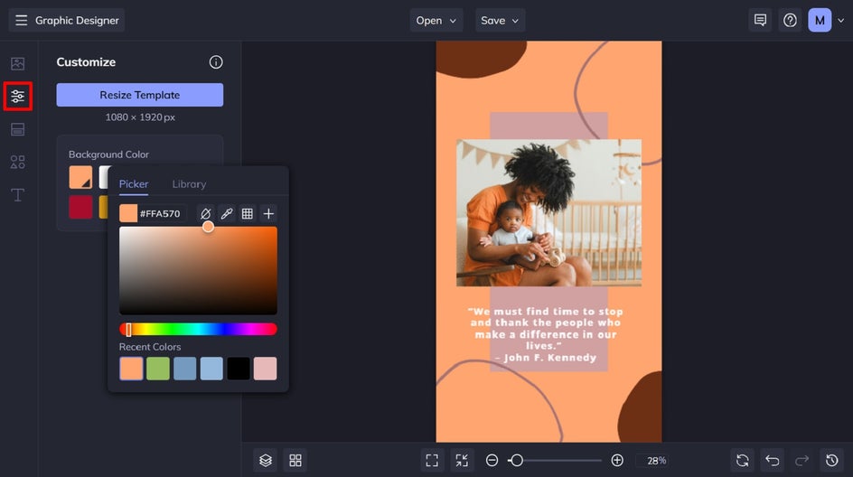 Customize tab of Graphic Designer to edit background color