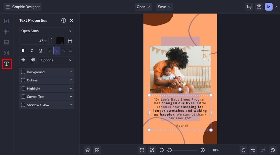 Text tab for editing Instagram Story template