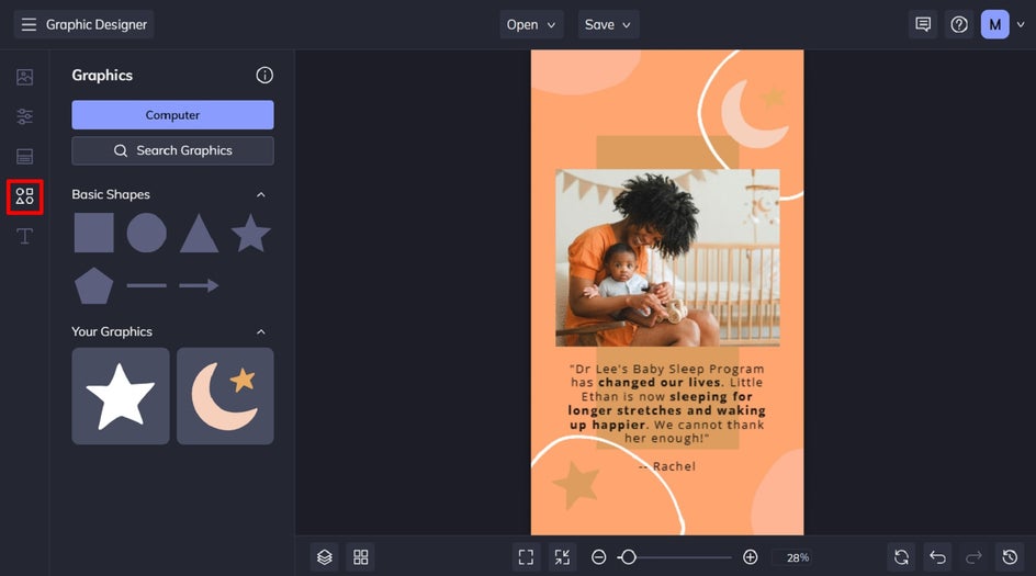 Graphics tab for customizing Instagram Story template