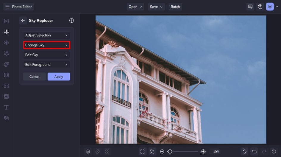 Sky Replacer tool menu highlighting how to choose a new sky