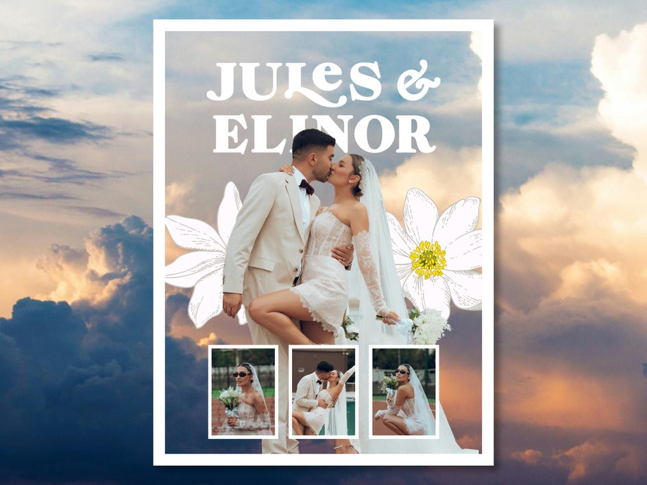 Wedding collage made in the Graphic Designer featuring background photo of couple