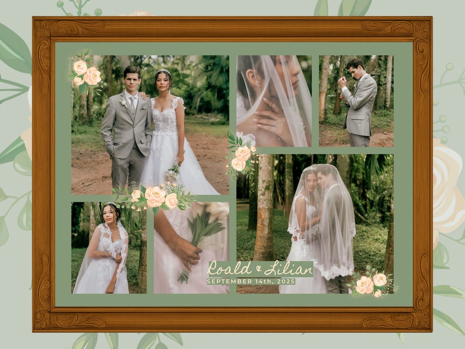 Final result of sage green and floral themed wedding collage featuring a newlywed couple
