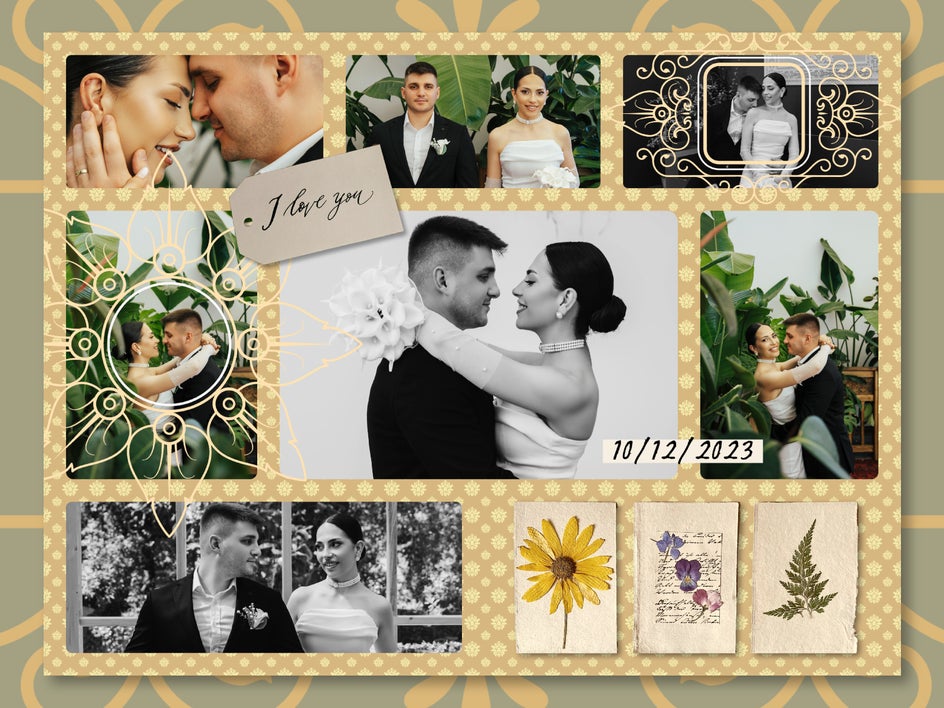 Scrapbook style wedding collage designed with patterns