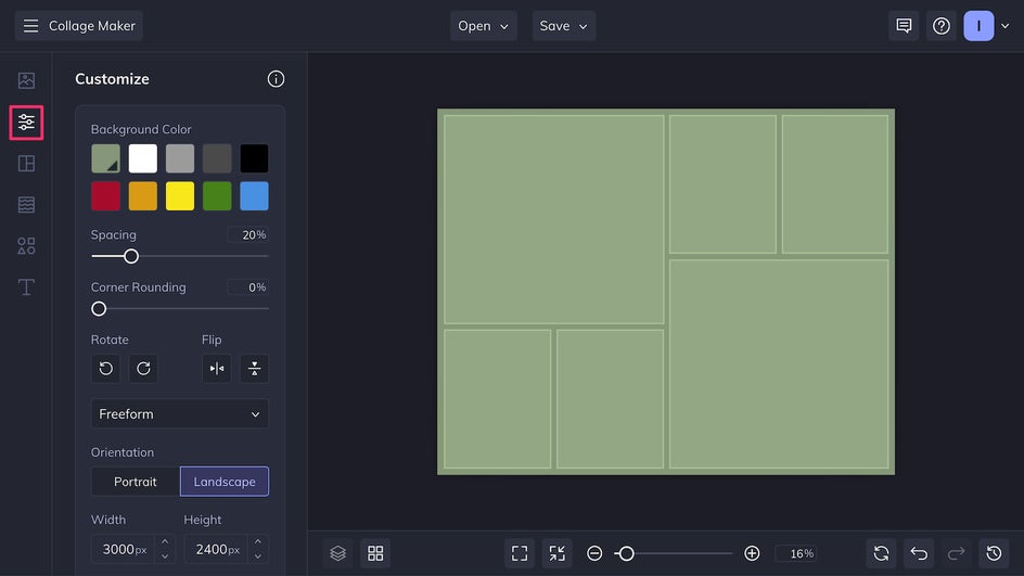 Customize the background color and size of the collage in the Customize tab