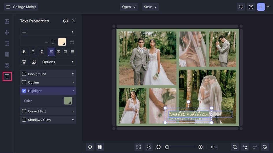 Add text to wedding collage from Text tab