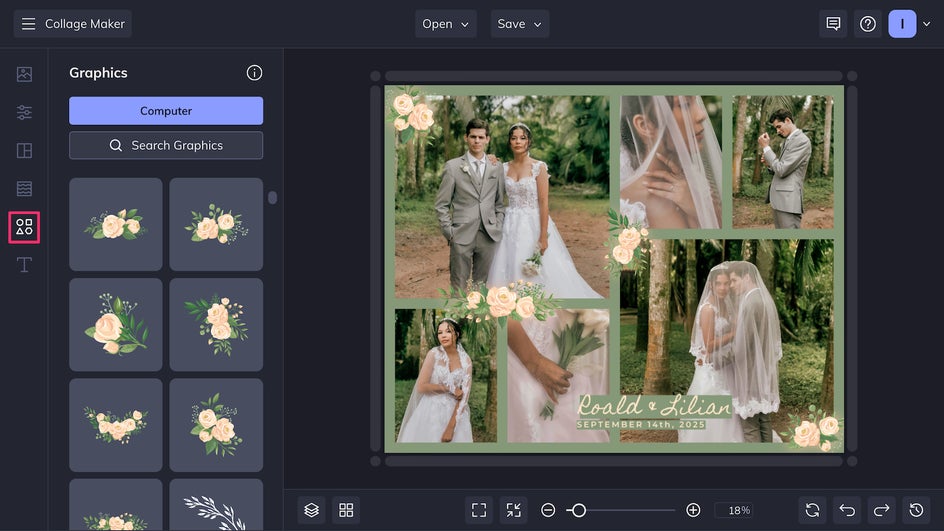 Add floral graphics from Graphics tab to wedding collage