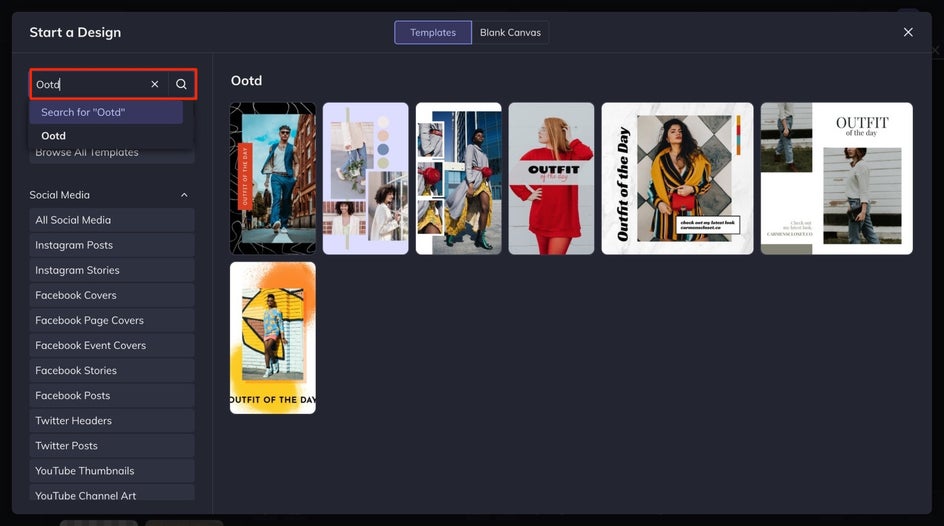 Find an OOTD Instagram Story template in the Graphic Designer