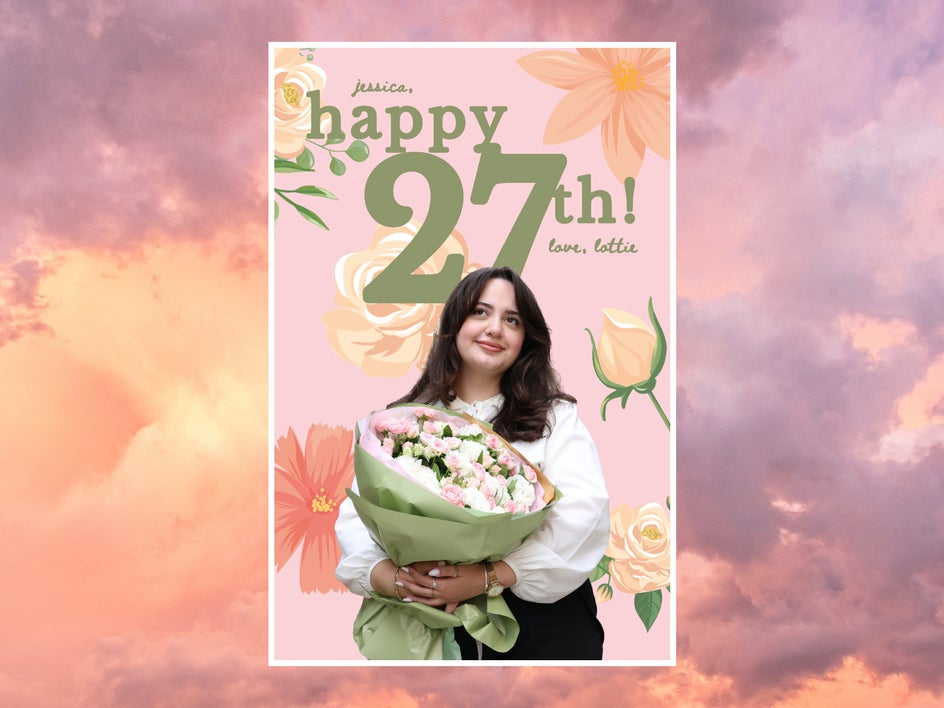 Happy 27th birthday card featuring subject cutout on floral background