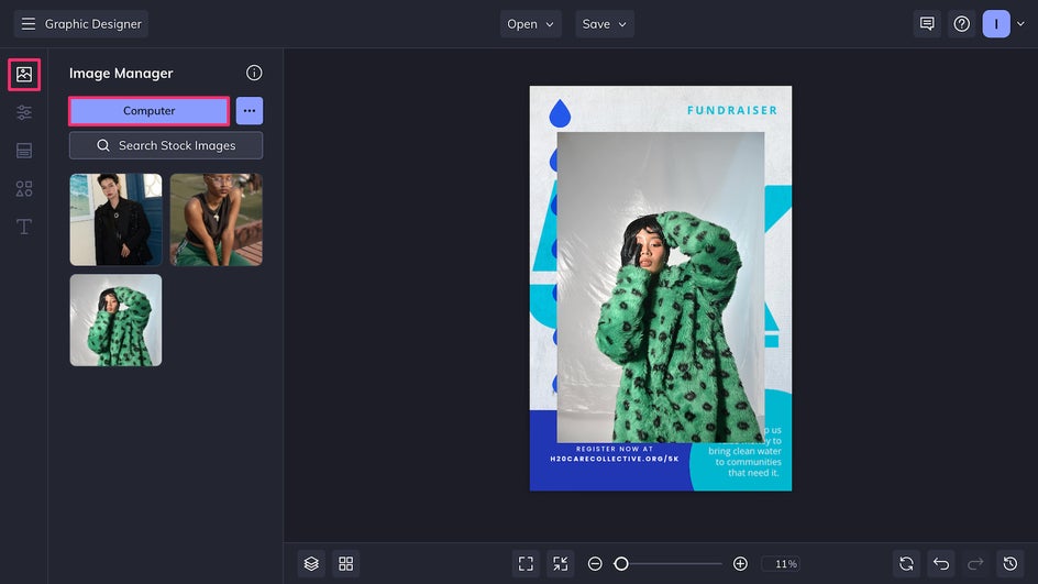 Image Manager tab selected to add photo to template