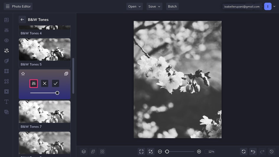 Choose a Black and White effect with Settings icon highlighted
