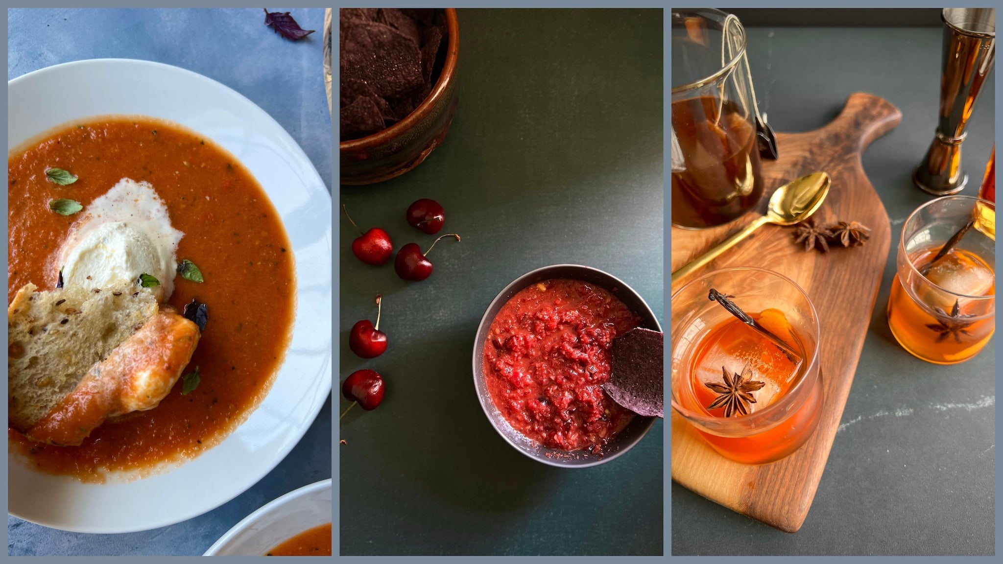 Close up recipe shots of soup, salsa, and chai for Crescent Moon Kitchen