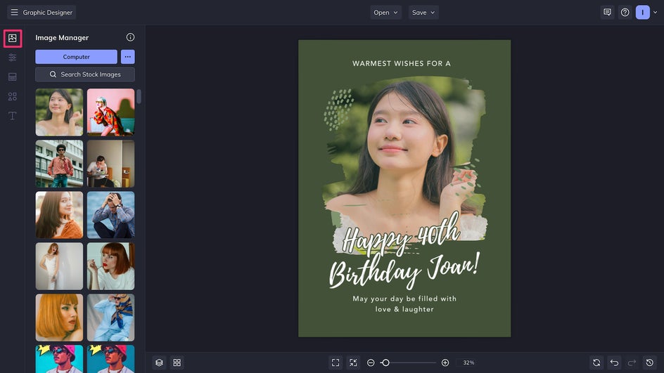 Add photo to Image Manager and drag and drop into card template