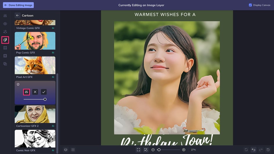 Artsy tab adjust and open Settings menu of Cartoon effect