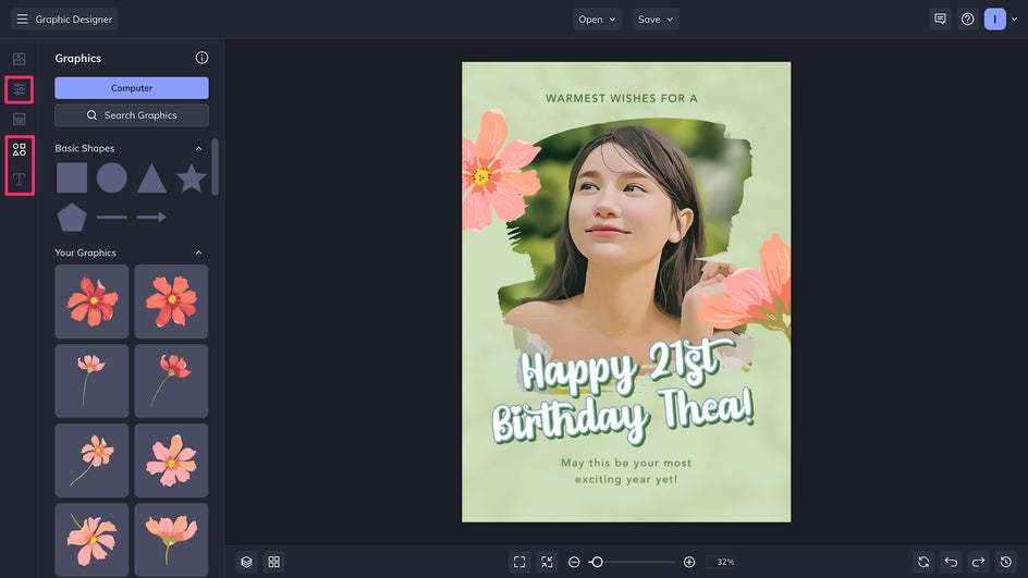 Customize Cartoon card with graphics, text, and a new background for floral theme