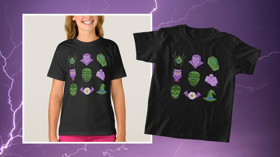 Fun Halloween graphics t-shirt with green and purple elements