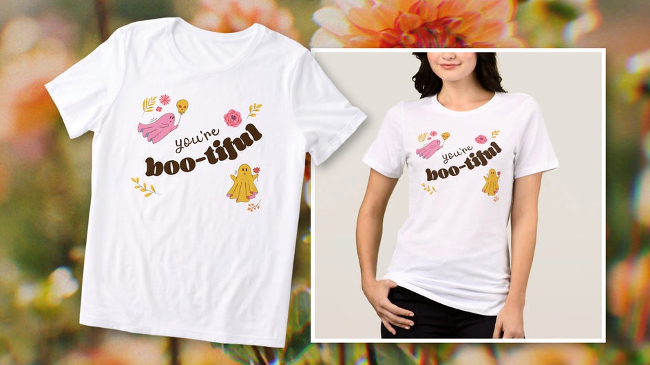 Typography-focused Halloween t-shirt with ghosts and floral theme