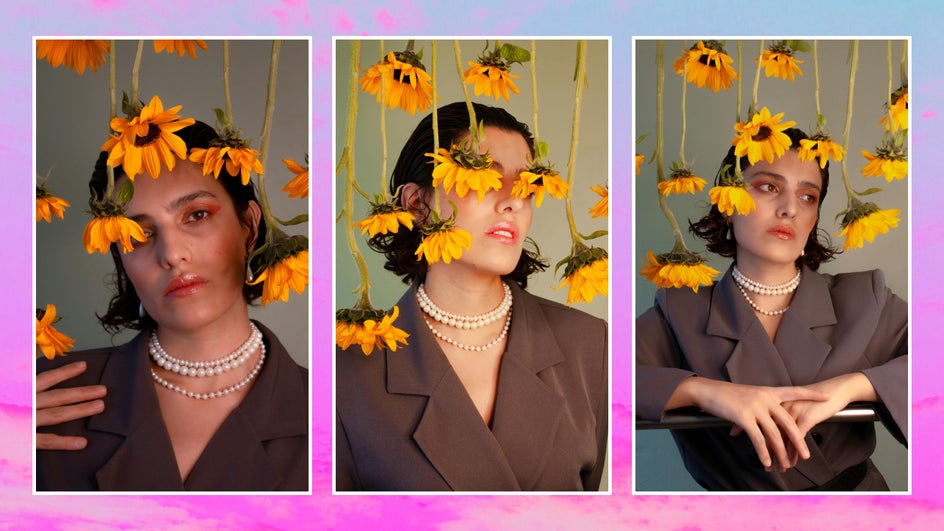 Portrait of person with floral decor before applying Negative