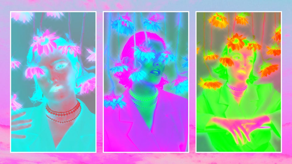 Negative effect applied to portraits of person with floral decorations
