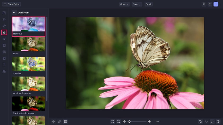 Effects tab with Darkroom category open and Negative highlighted