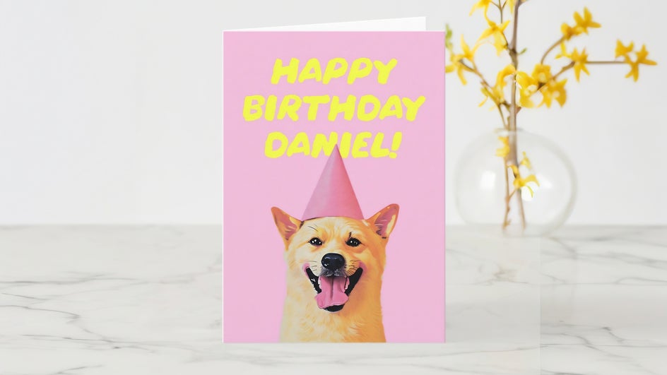 Happy Birthday card featuring happy shiba dog mockup