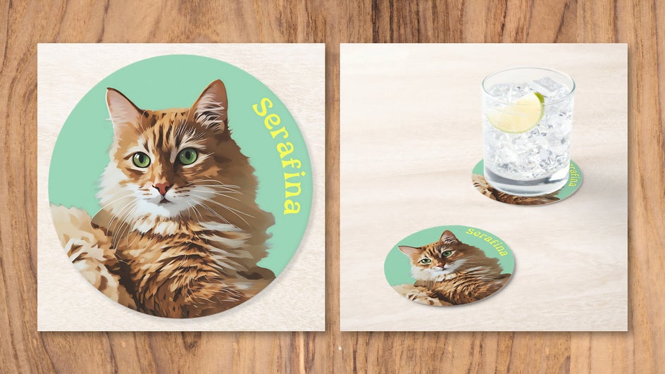 Serafina fluffy cat with green background coaster pack mockup