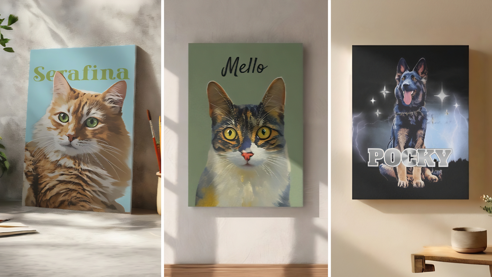 Featured pet portrait canvas with three styles mocked up