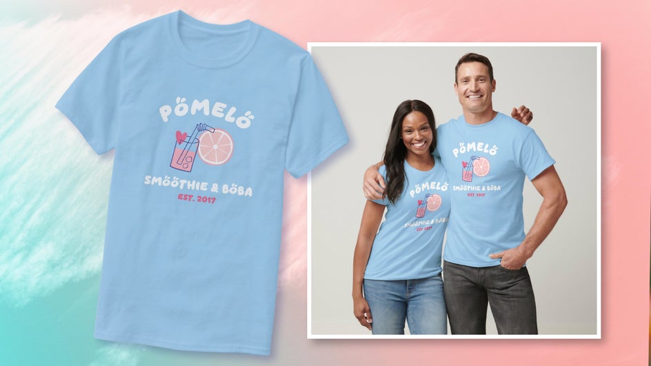 Smoothie and boba design on blue t-shirt