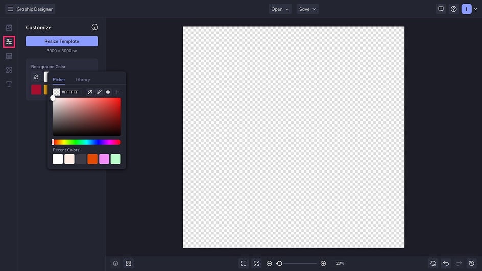 Customize tab highlighted to create a blank canvas
