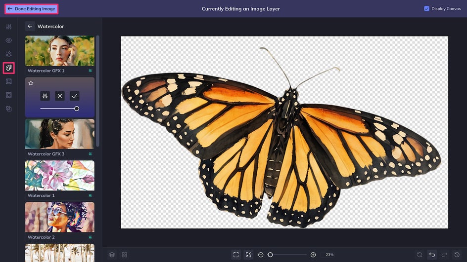 Apply Artsy Watercolor effect and click Done Editing Image button