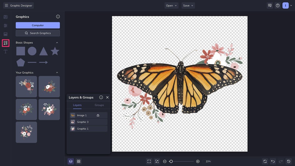 Graphics tab highlighted with floral elements added