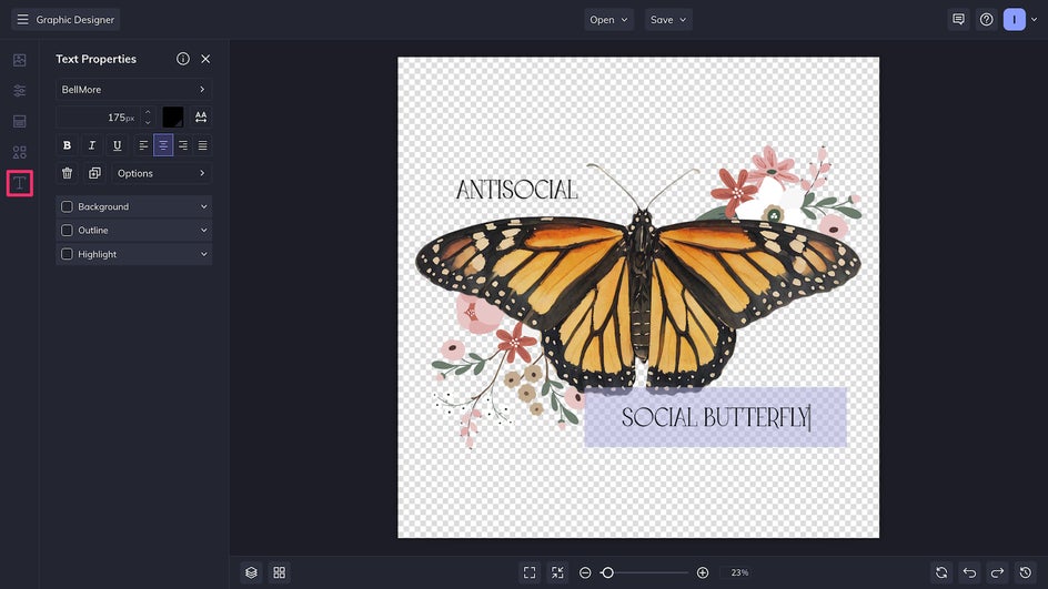 Text tab highlighted with clever butterfly message