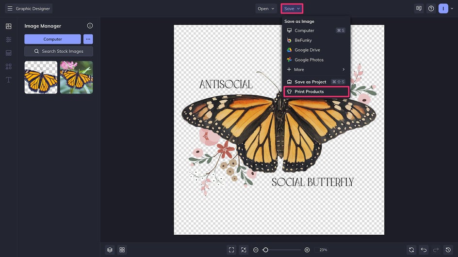 Save menu highlighted to print products