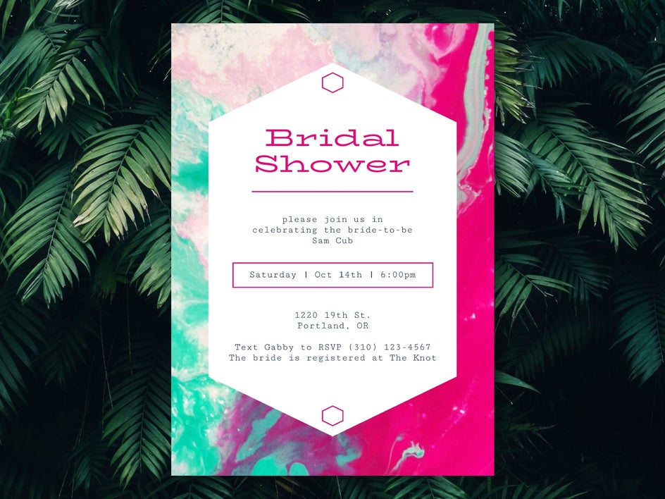 After editing bridal shower invitation with pink details and painterly background