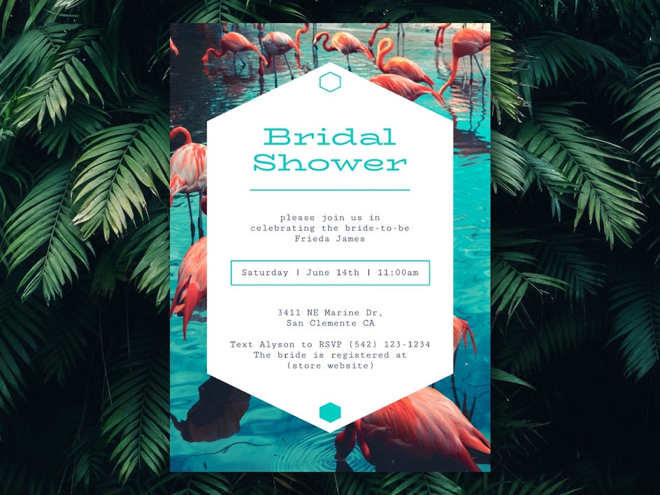 Bridal Shower invitation before with blue graphics and flamingo photo background