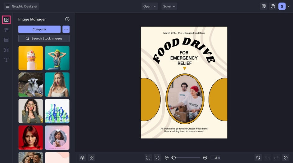Open image manager in Graphic Designer to add photos