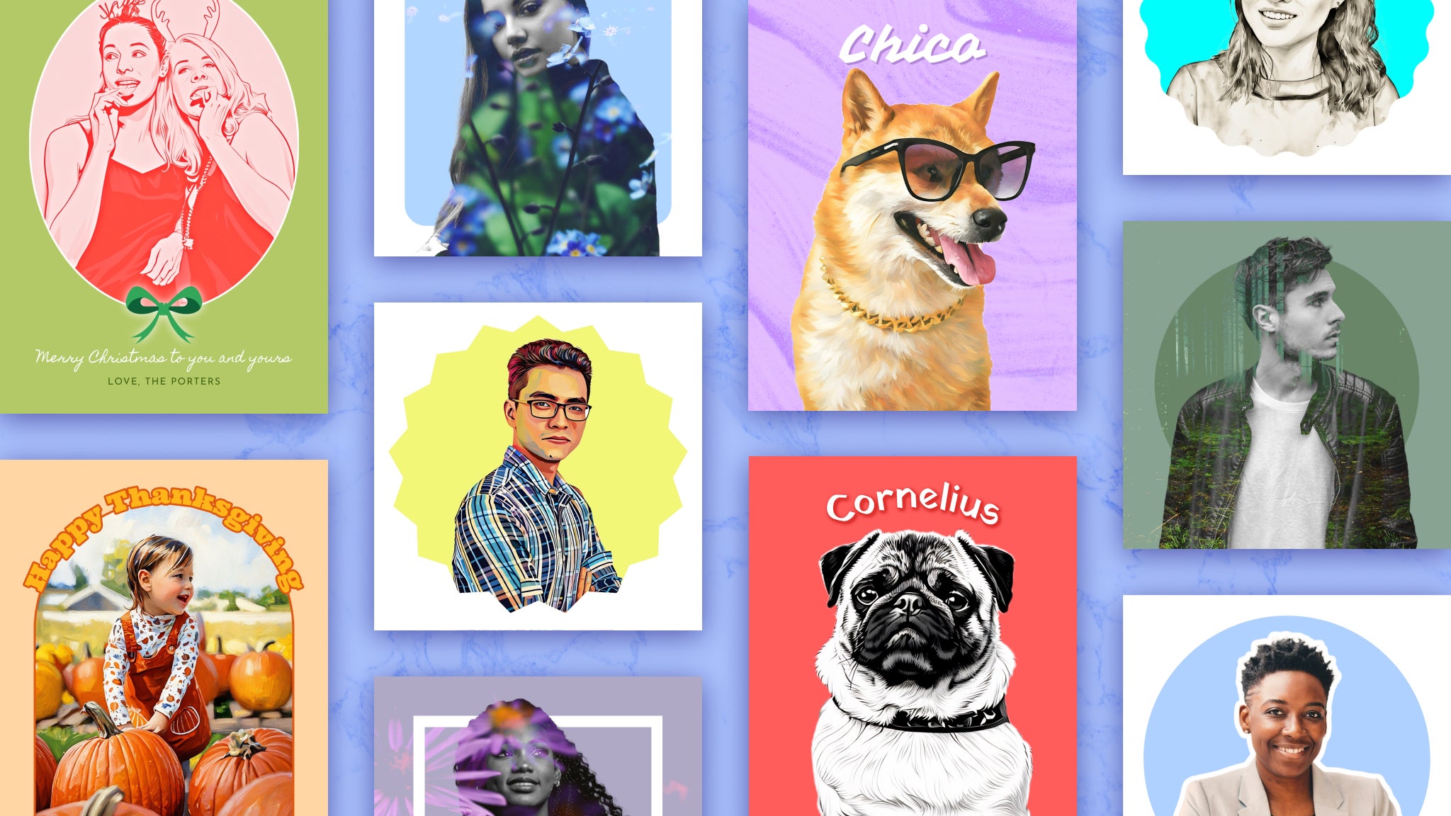 Smart Templates for avatars, pets, and holidays arranged to show off variety