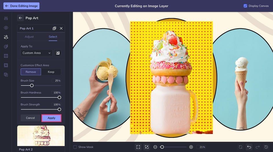 Apply Pop Art 1 effect to ice cream photo