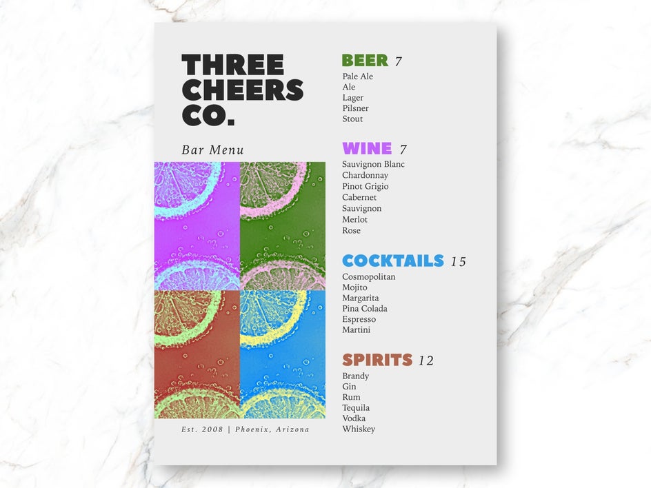 Bar menu with pop art orange slice graphic in 2x2 grid