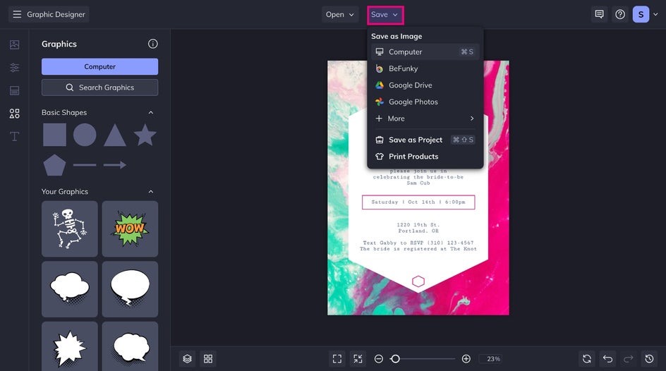 Save menu highlighted to save final Bridal Shower design