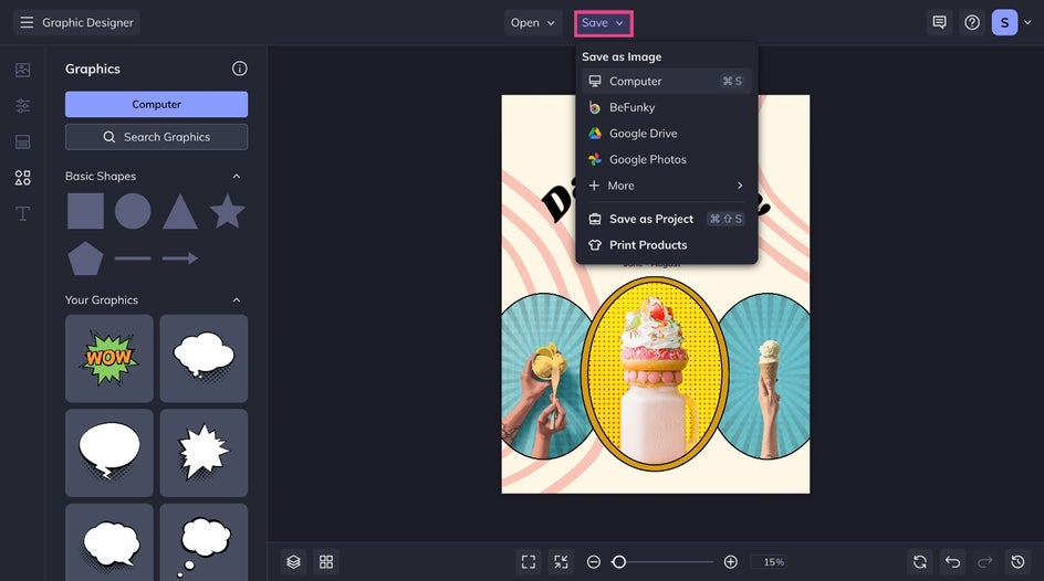Save final marketing design using pop art effects