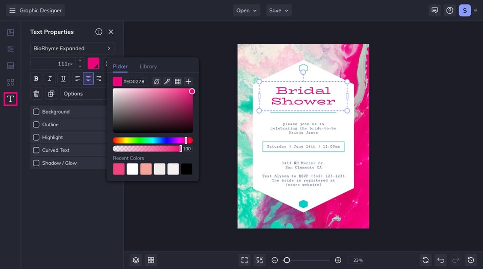 Text tab highlighted to change text and font color