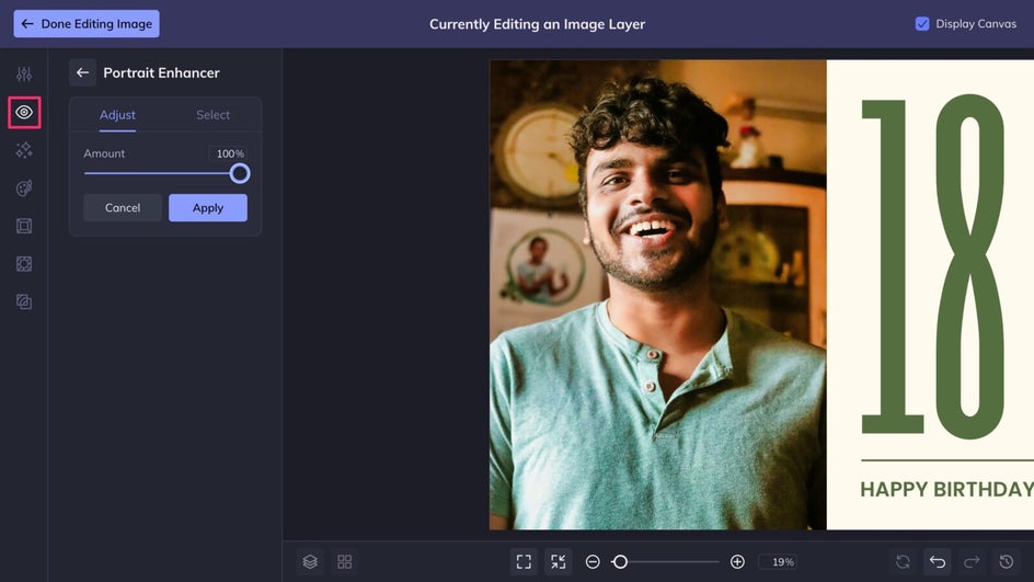 Touch Up tab highlighted to apply Portrait Enhancer