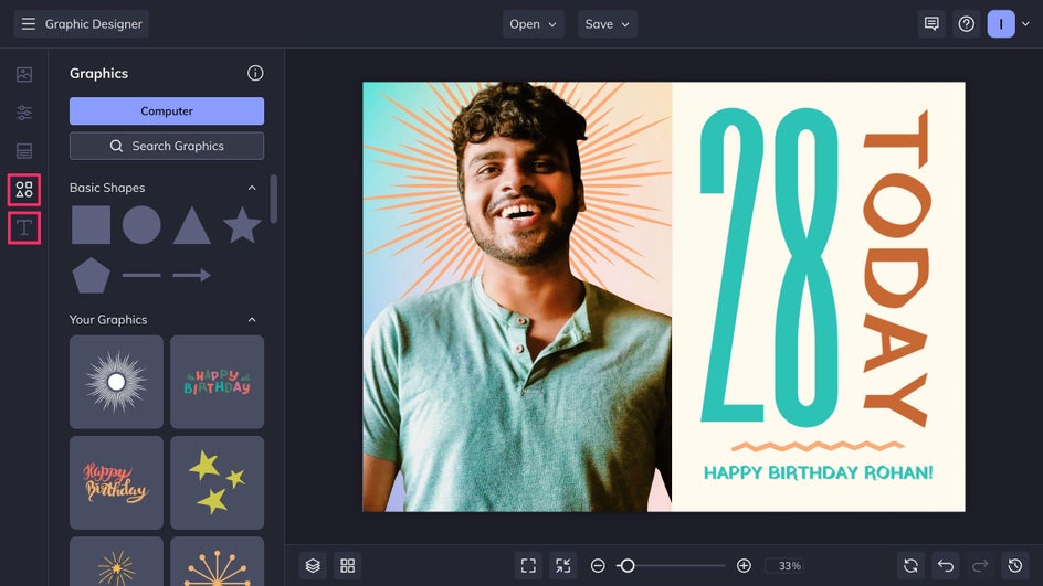 Add graphics and edit text of Birthday Card template