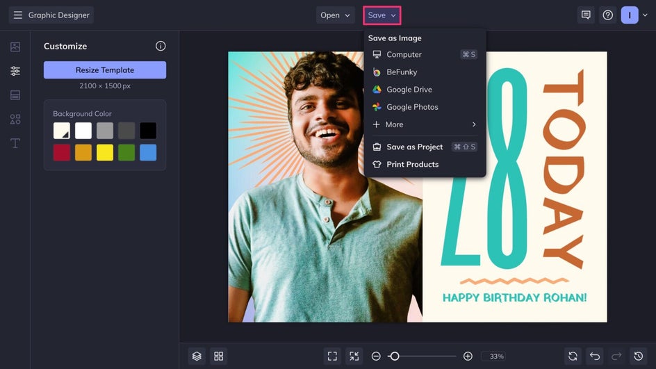 Save final Birthday Card template customized in Photo Editor