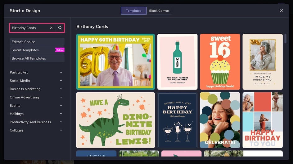 Birthday Cards section highlighted in Graphic Designer