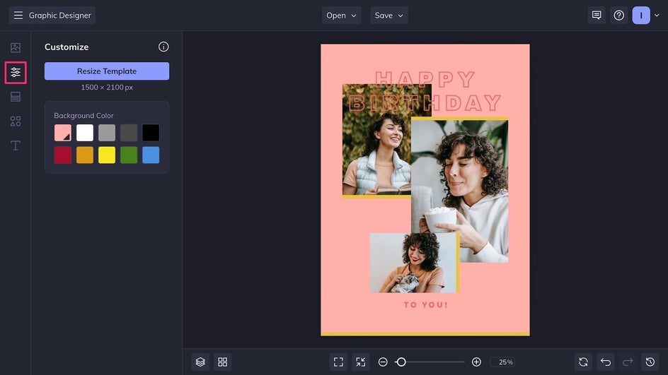 Customize tab highlighted to change background color of birthday card