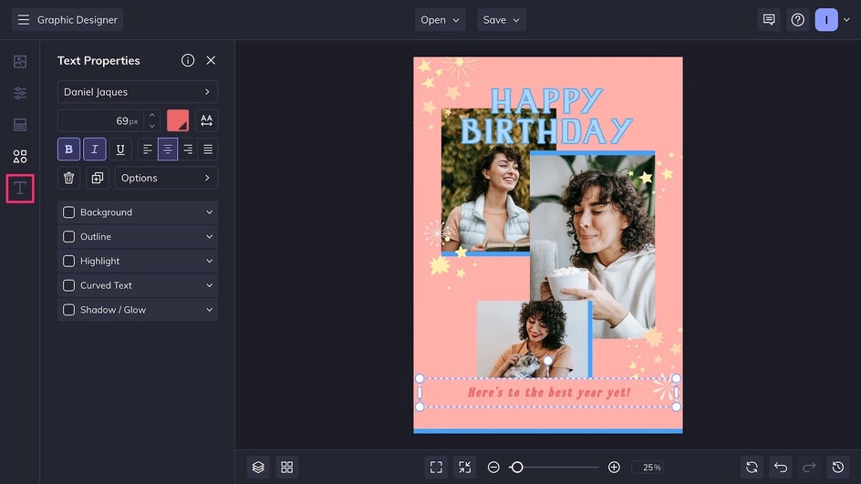 Text tab highlighted to customize text