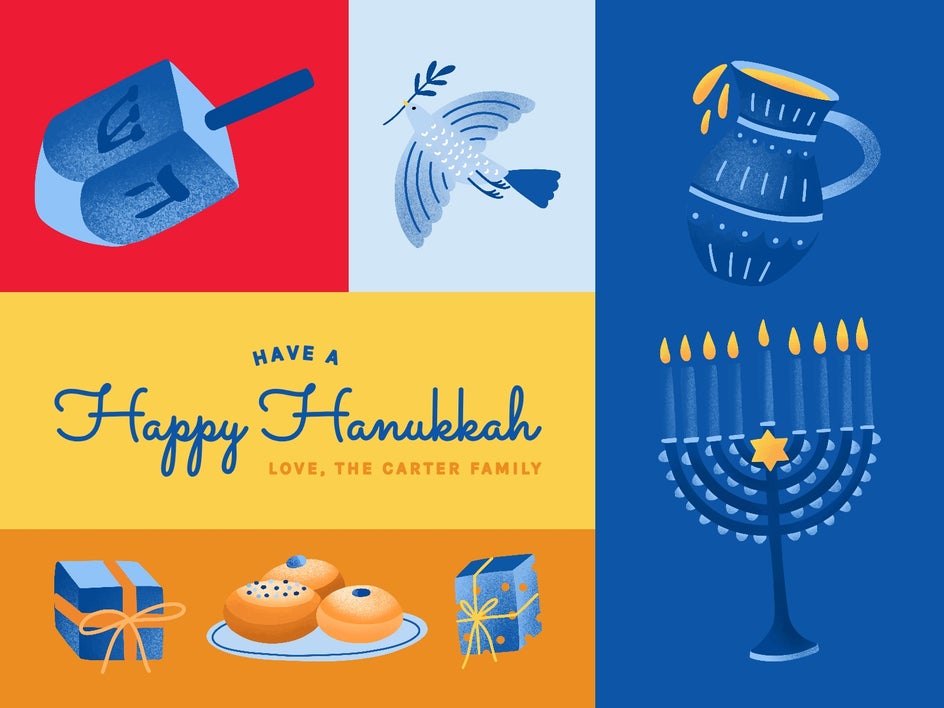 Hanukkah greeting card featuring holiday graphics and bold colors